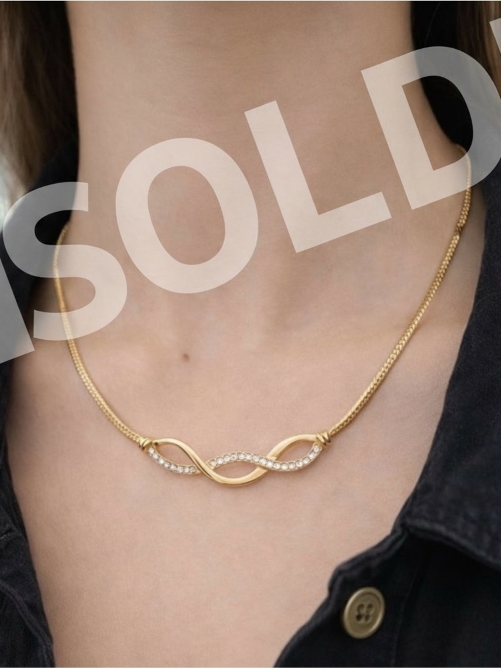 Valentino Gold Tone Infinity Necklace Rhinestone Jewelry Signed Elegant Chain